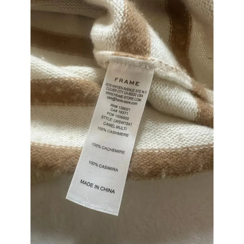 Frame Striped 100% Cashmere Sweater Size Small Oversized Mock Neck EUC Tan Cream